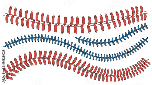 Detailed illustration of multiple baseball seam patterns in classic red and blue colors arranged in decorative wave lines.