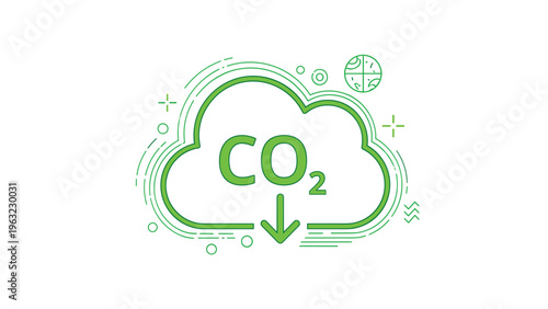 Carbon dioxide reduction concept illustrated with a green cloud icon containing CO2 text and a downward pointing arrow symbol.