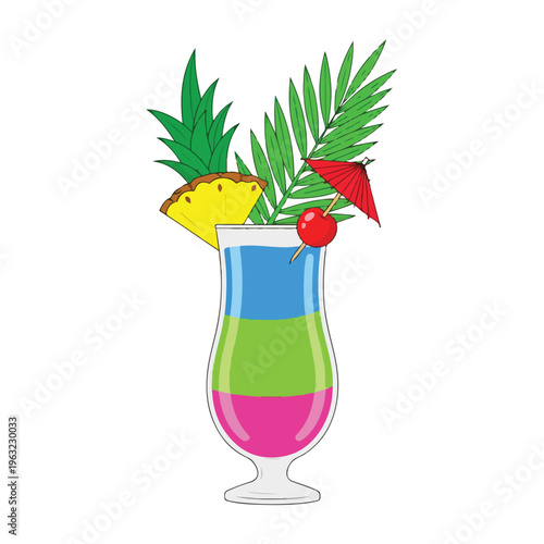 Colorful, layered cocktail with tropical garnish. A summer drink
