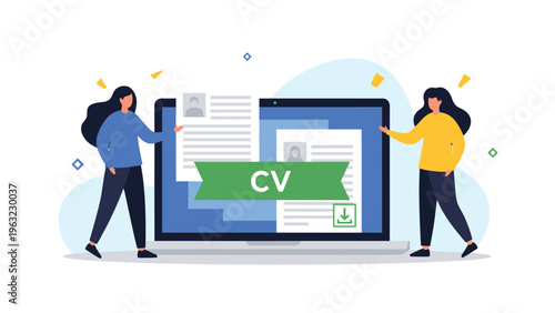 Human resources professionals presenting candidate resumes on a laptop screen during a digital recruitment and hiring process.