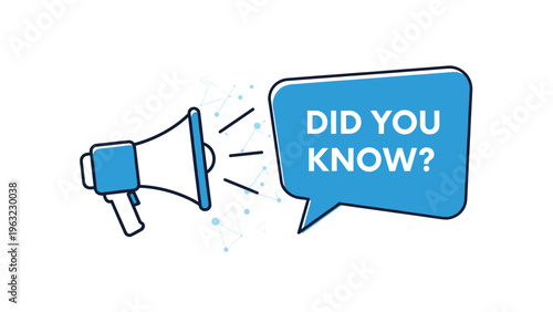 Information and trivia concept featuring a blue megaphone with sound waves and a large speech bubble containing question text.