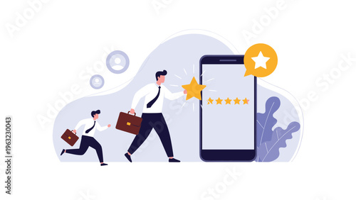 Business professionals running towards a giant smartphone displaying five gold stars to achieve top customer rating and reviews.