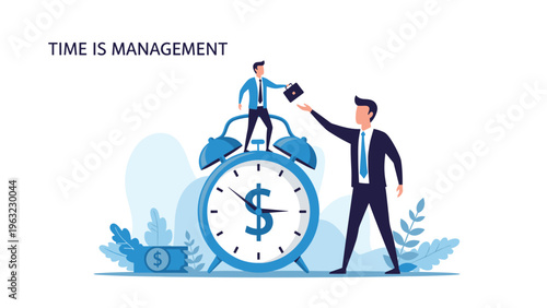 Professional time management concept shown with two businessmen interacting with a large alarm clock featuring a dollar sign.