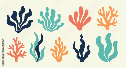 Collection of various colorful coral reef elements on cream background