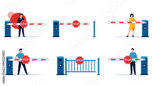 Collection of security parking gate barrier illustrations featuring various models and people interacting with access control.