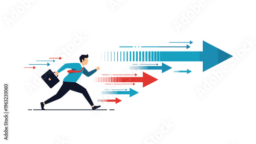 Motivated businessman running fast towards a giant forward arrow representing progress, direction, and career acceleration.