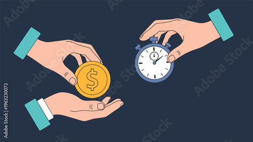 Financial transaction and time management concept shown with hands exchanging a gold coin and tracking time with a stopwatch.