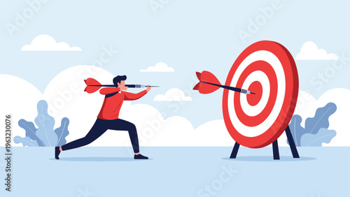 Successful businessman hitting the bullseye of a large target with an arrow representing accuracy and achieving business goals.