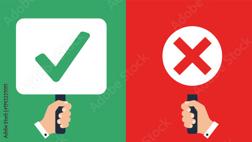 Comparison between positive and negative choices shown by hands holding signs with green checkmark and red cross symbols.