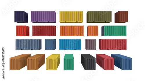 Massive collection of colorful shipping containers in various sizes representing global logistics, trade, and freight transport.