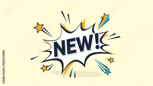 Dynamic new product announcement symbol featuring bold text inside a classic comic book style explosion with festive stars.