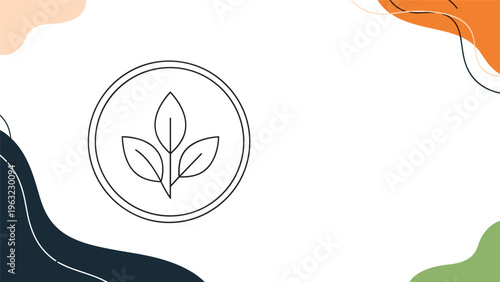 Eco friendly environmental symbol featuring three stylized green leaves inside a circle on an abstract decorative background.