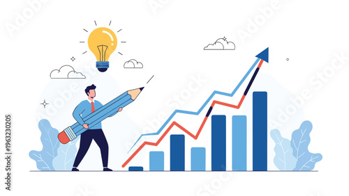 Businessman drawing a rising growth chart with a giant blue pencil under a glowing lightbulb representing a creative business idea.