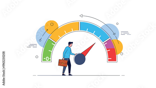 Man holding a briefcase adjusting a large colorful performance gauge or speedometer to track business metrics and economic growth.
