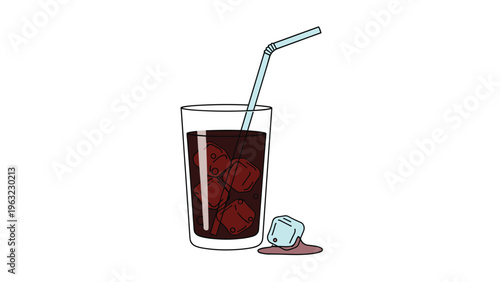 Clear glass filled with dark cola or iced coffee with large ice cubes and a blue straw representing a refreshing cold beverage in summer.