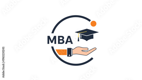Career and education concept logo for mba master of business administration with a graduation cap and a professional business hand.