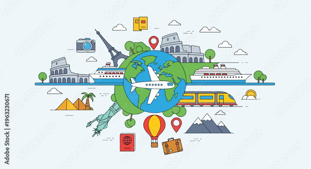 Fototapeta premium Colorful illustration with world, plane, travel icons