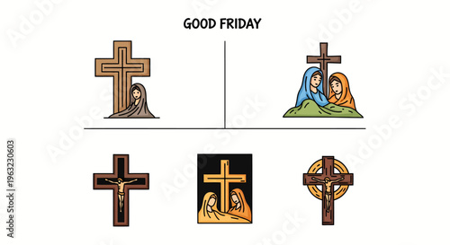 Good Friday Christian crosses and crucifixion scenes for Easter or Lent holiday