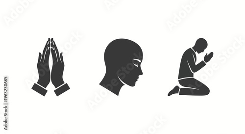 praying silhouette icons set with hands and man kneeling in prayer for religious faith and spirituality