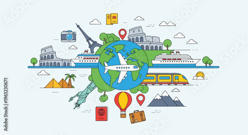 Colorful illustration with world, plane, travel icons