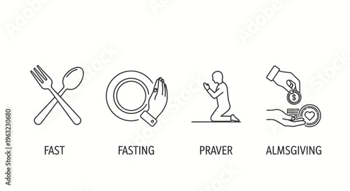 religious fasting icons set with pray and charity line art for social media campaign