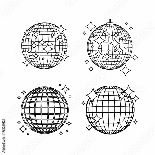 Disco balls in different styles with sparkling effects around them
