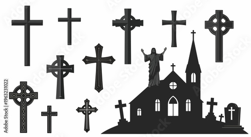 Black silhouette of church and various Celtic crosses on white