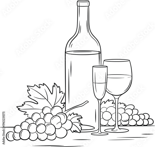 Wine bottle and glasses illustration with grapes, elegant line art still life, winery concept, black and white vector design for beverage theme – vector illustration