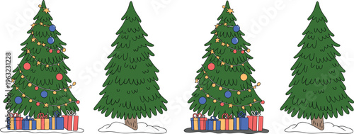 Christmas trees decorated with ornaments, festive holiday celebration, winter season, gifts under tree, snowy background, colorful lights, holiday spirit