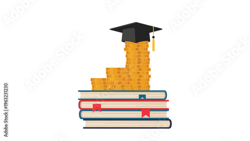 Academic success concept showing a graduation cap on a tall stack of gold coins resting on university books symbolizing the value of learning.