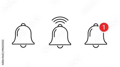 Set of three notification bell icons representing a standard state, a ringing state, and one new alert message badge for user interface work.