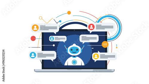 Advanced robot chatbot character on a laptop screen managing a group conversation with multiple user profiles for professional assistance.