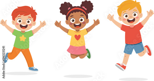 Cartoon children jumping happily, playful childhood activity, energetic kids illustration, joyful expression, colorful outfits, fun movement, white background, cheerful design