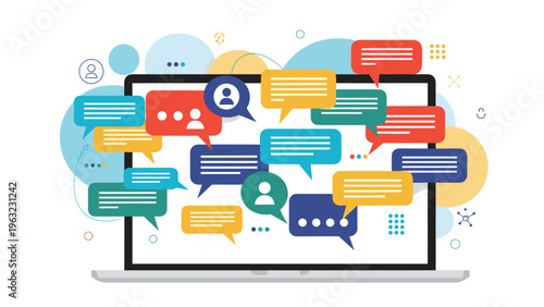 Laptop computer screen completely surrounded by numerous colorful speech bubbles representing intense online communication and networking.