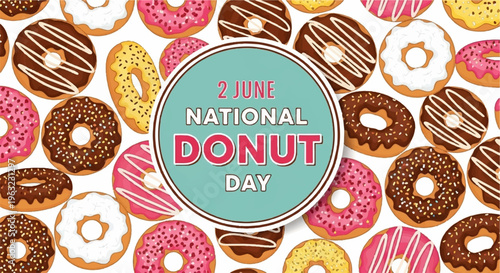 Colorful donuts with june national donut day text on white background sweet treats and baked desserts