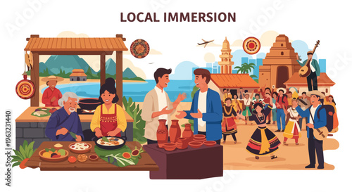 Colorful illustration of a local marketplace with food, crafts and cultural performers