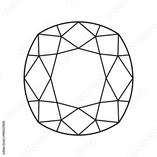 Cushion diamond round cut shape. Design diagram. Brilliant Cushion old money cut circle icon. Gemstone outline pattern for jewellery design, branding, packaging, flat logotype. Diamond top view.