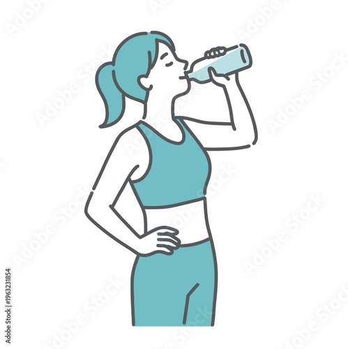 運動中に笑顔で水分補給をする女性のイラスト