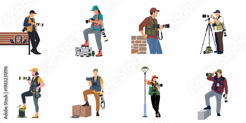 Photos Collection of professional photographer characters with cameras, telephoto lenses, and photography equipment in various poses for wildlife and outdoor shoots