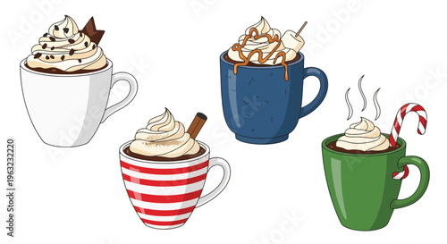 Four colorful coffee cups with whipped cream on a plain background