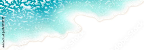 Top view of realistic turquoise sea waves. Bright ocean foamy water isolated on checkered background. Gradient moving sea waves with transparency effect. 3d vector element for summer design, cover.