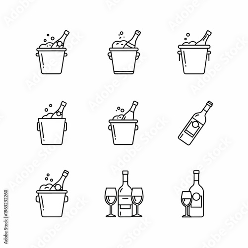 Wine and ice bucket line art icons set for cocktail party