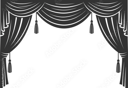 Theater stage curtains frame with elegant drapery and tassels, classic decorative border design vector illustration for performance backdrop