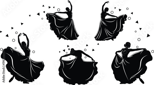 Dance silhouette collection, performer outline figure, artistic motif illustration, movement icon art, rhythm design graphic, expressive posture symbol image