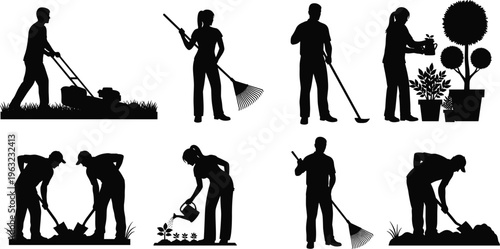 Gardening silhouette collection, yard work outline figure, landscaping motif illustration, outdoor icon art, plant care design graphic, maintenance posture symbol image
