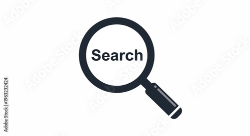 Magnifying glass icon with search text for investigation and research