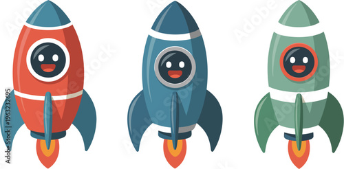 Minimalist Illustration of Three Colorful Smiling Rockets