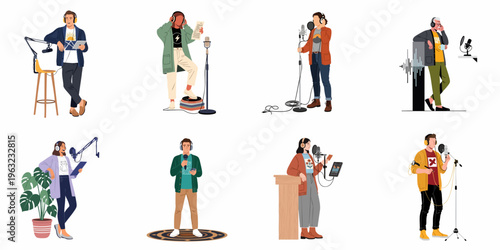 Diverse set of characters engaged in podcasting and audio recording activities, featuring various microphones, headphones, and recording equipment in a modern flat illustration style.