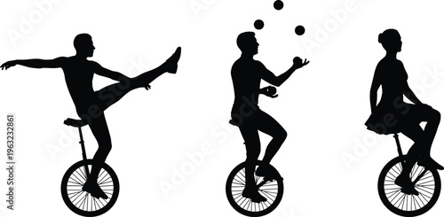 Unicycle performance silhouette illustrations, circus balance artwork, juggling motion design collection, black white figure set, stylized acrobatic profiles