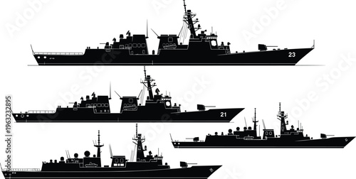 Warship silhouette collection, naval outline figure, military motif illustration, vessel icon art, defense design graphic, maritime posture symbol image